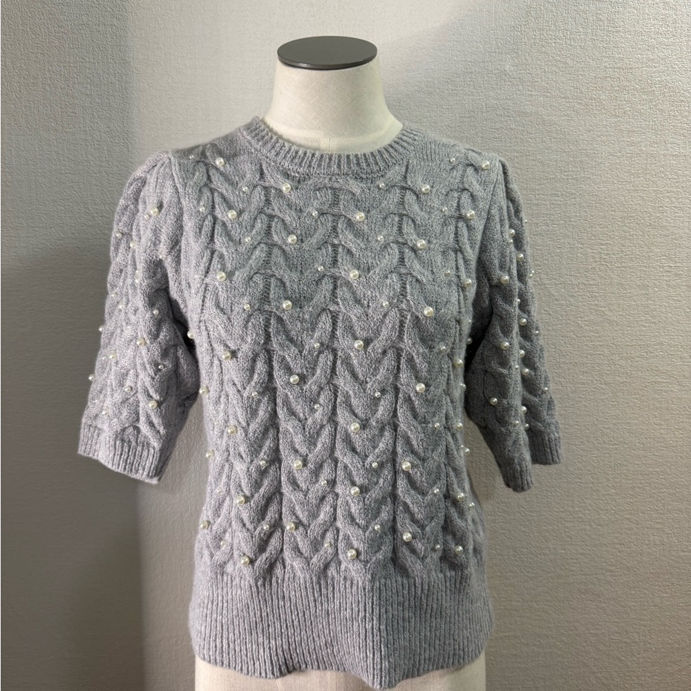 Zara Gray Sweater with Pearl Details chunky cable knit short sleeve Size L